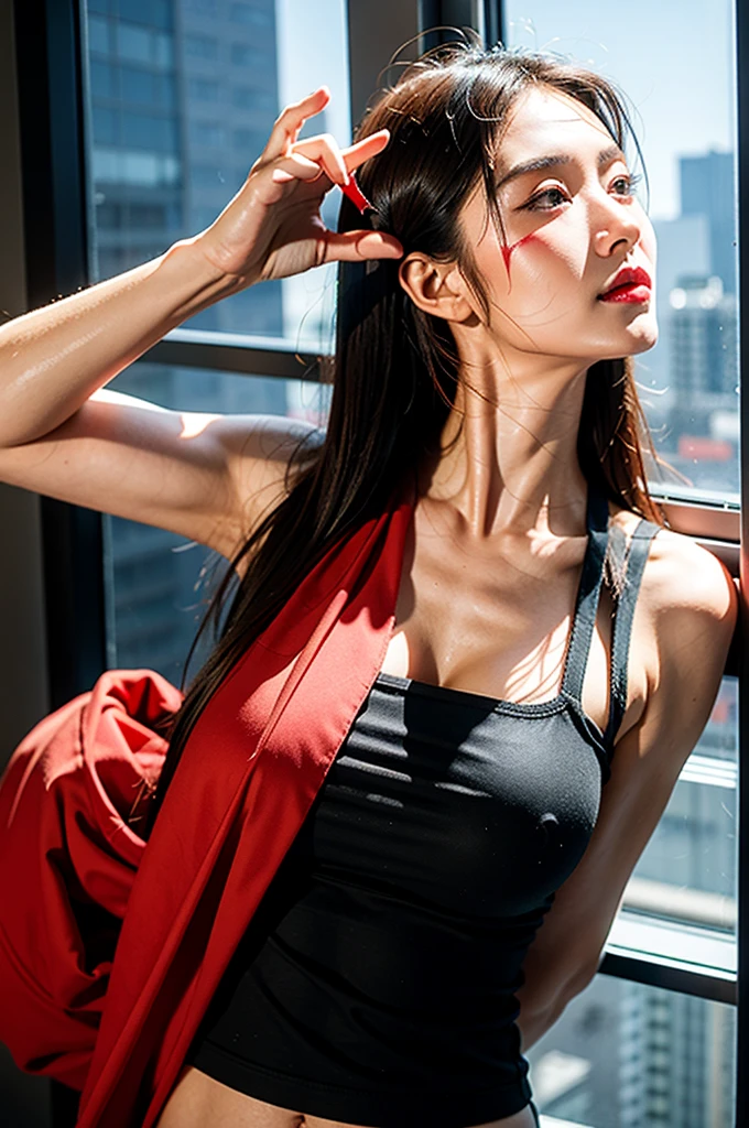 Upper Body, girl, muscle,High rise building window cleaning, Red Tengu, Long and high nose、The skin is very red、is wiping the windowpane with a cloth、