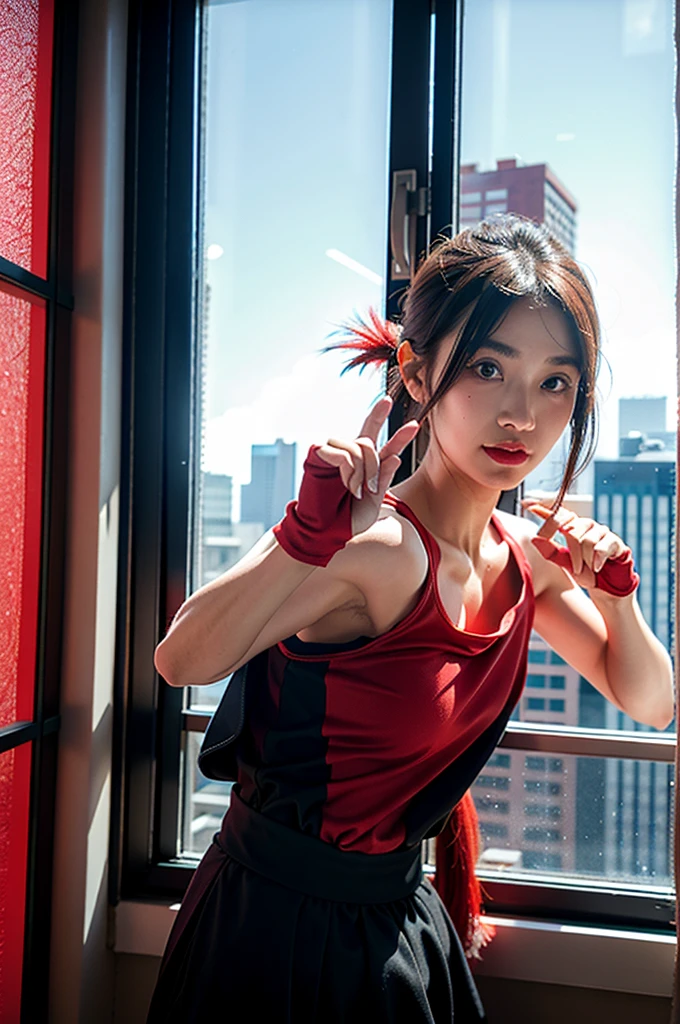Upper Body, girl, muscle,High rise building window cleaning, Red Tengu, Long and high nose、The skin is very red、is wiping the windowpane with a cloth、