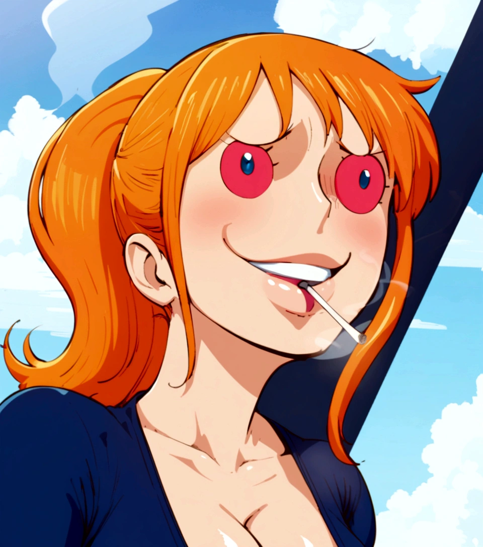 a cartoon picture of a woman in a bikini top and jeans, nami one piece, nami from one piece, nami, beautiful portrait of nami, from one piece, oppai, blue eyes, smoking, ponytail, nsfw