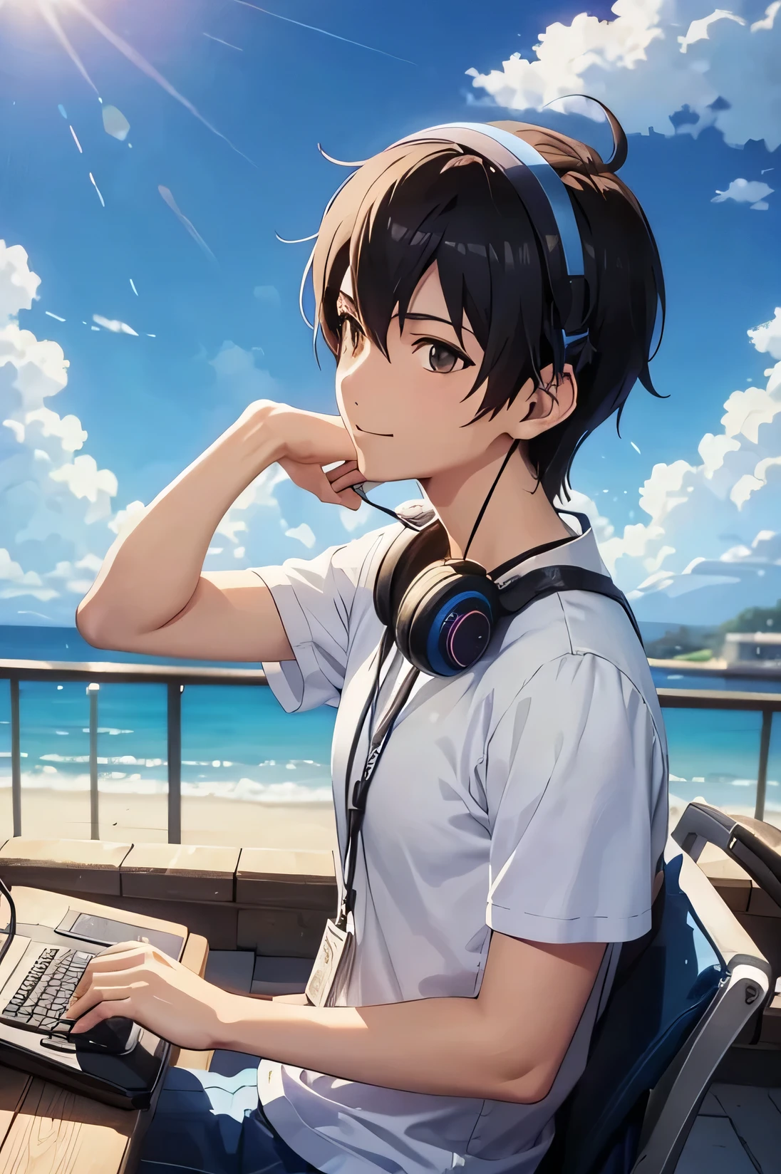 Makoto Shinkai-style student summer　Passionate with eSports headset　anime　smile