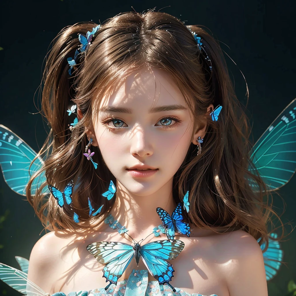 wearing butterfly decoration, butterfly decor, butterfly earring, butterfly hairband, beautiful fairy, beautiful fairy portrait, fantasy concept,pretty girl face,photo realism, cinematic rendering, ray tracing, highest quality, highest detail, Cinematic,8K, Ultra-HD, Natural Lighting,
