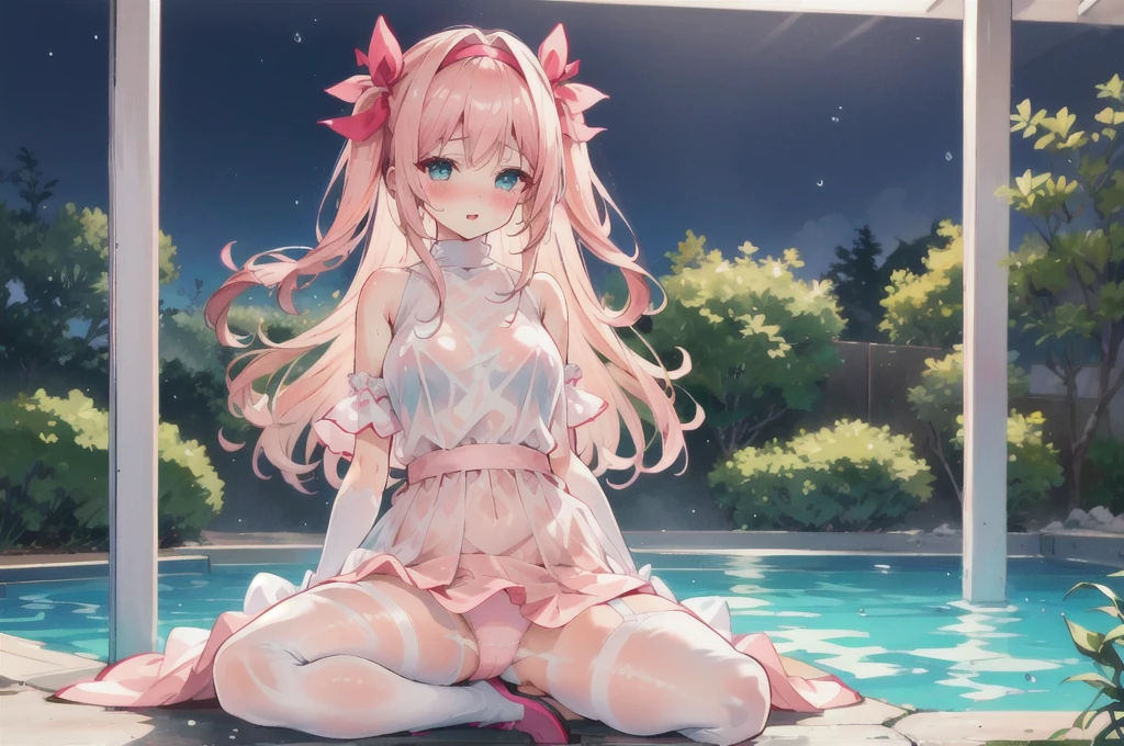 Full body depiction on screen,　Glaring Eyes　Showing disgust　Blonde Long Hair　anime　Romanesque style　 Super Curly Hair　Super long sideburns　Wet and transparent salmon pink turtleneck wedding dress　cuteポージング　Pool at night　Droopy eyes　Ribbon headband　天蓋付きのcuteベッド　Aqua Blue Rubber Sheets　Aqua Blue Rubber Bed　Sitting　Sad face　Embarrassing　Blushing　Wet and see-through salmon pink berry long skirt　Wet and see-through salmon pink tights　Wet and see-through salmon pink underwear　Metal luster　Chest mesh　Multiple ribbons　Soaked in the rain　Wet and see-through salmon pink super long gloves　Wet and see-through salmon pink pantyhose　Wet and transparent shocking pink garter belt　cute　Pitiful　clear　Big eyes　Droopy eyes　Pale pink rouge　Shocking Pink Pink Long Boots　Wet and see-through salmon pink bodysuit