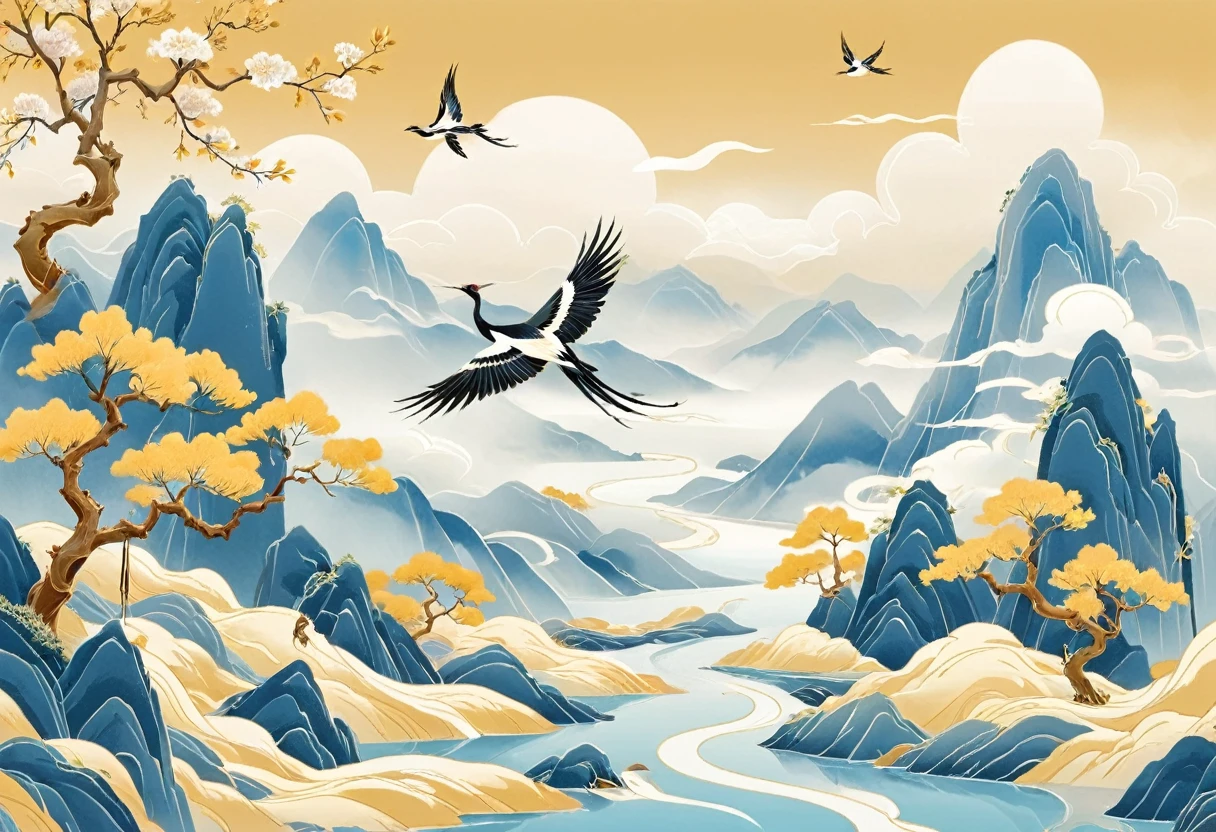 Minimalism,(Golden section composition), (Golden Ratio),Minimalism, Mountain, river, Tree, 柳Tree,Magpie,柳Tree枝条, spring, Sky, cloud, cartoon, Flat illustration,Chinese style,Chinese,GCCH