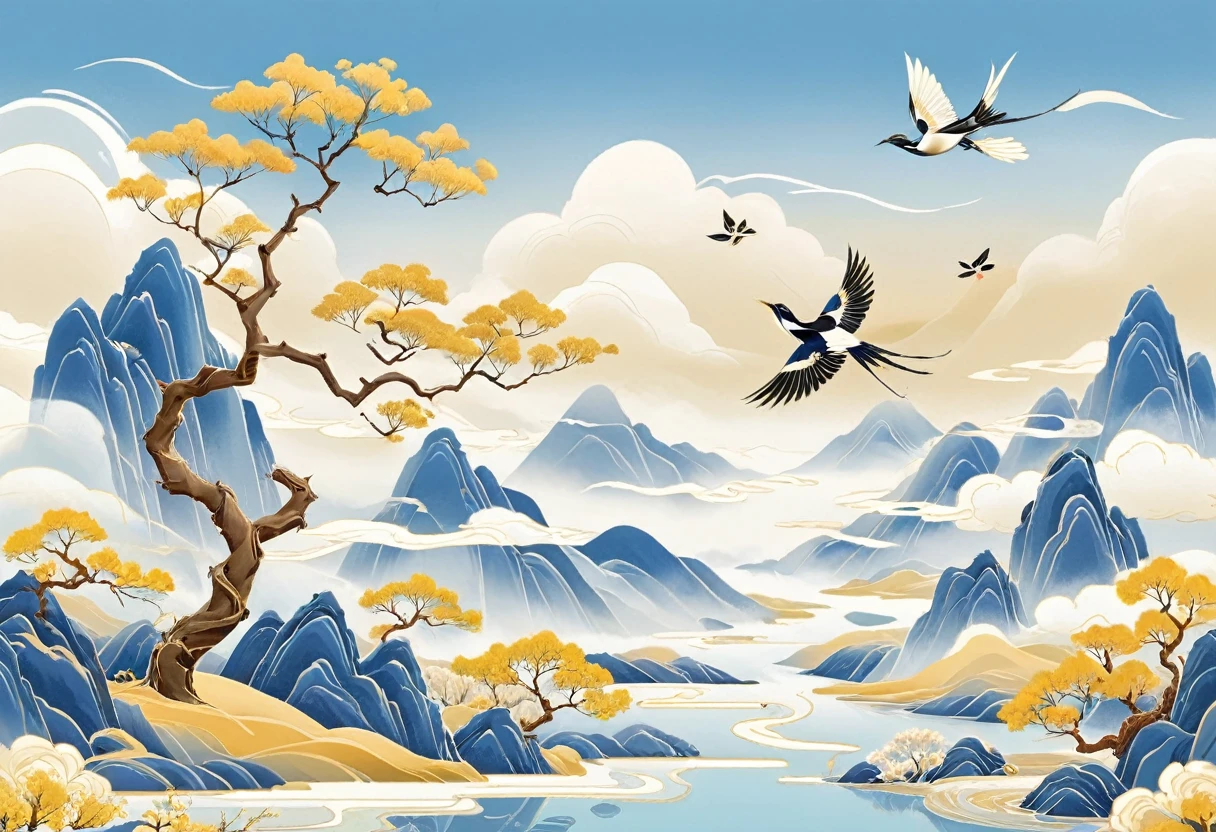 Minimalism,(Golden section composition), (Golden Ratio),Minimalism, Mountain, river, Tree, 柳Tree,Magpie,柳Tree枝条, spring, Sky, cloud, cartoon, Flat illustration,Chinese style,Chinese,GCCH