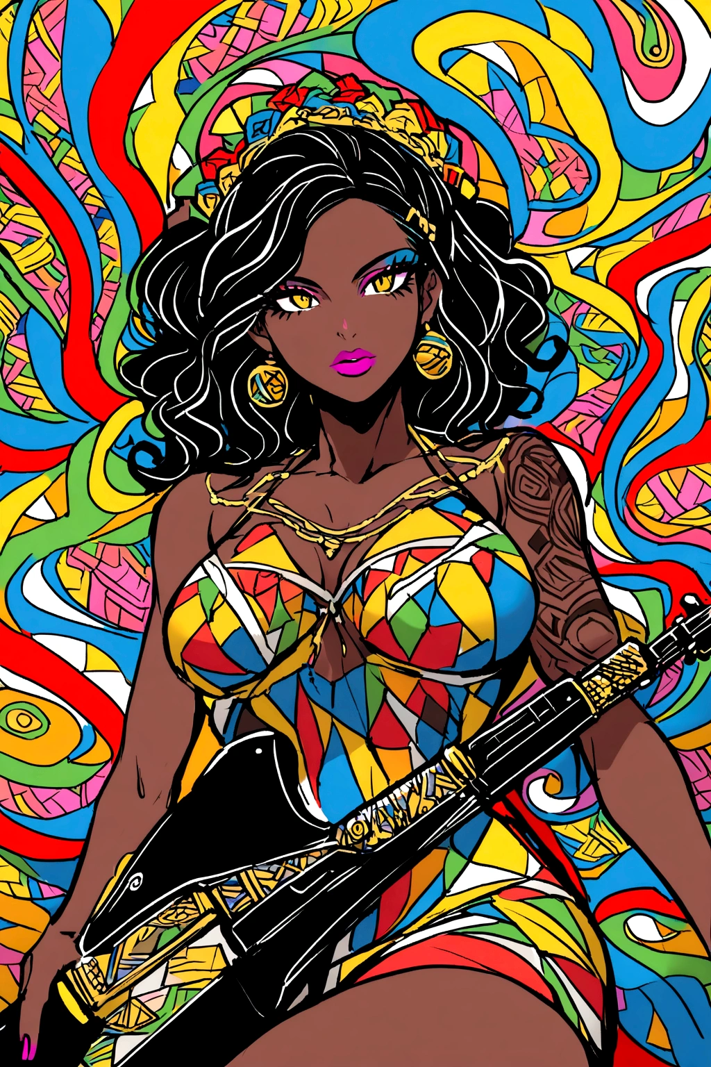 A woman from Rio de Janeiro, holding an AK with tattoos and favela clothes.