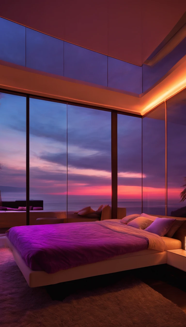 A modern bedroom with a large glass wall overlooking a breathtaking ocean sunset. The room is lit with ambient purple and pink LED lights, casting a soft, relaxing glow over the plush bed with purple blankets and pillows. Outside, the sky is ablaze with vibrant hues of orange, pink, and purple, creating a serene and tranquil atmosphere