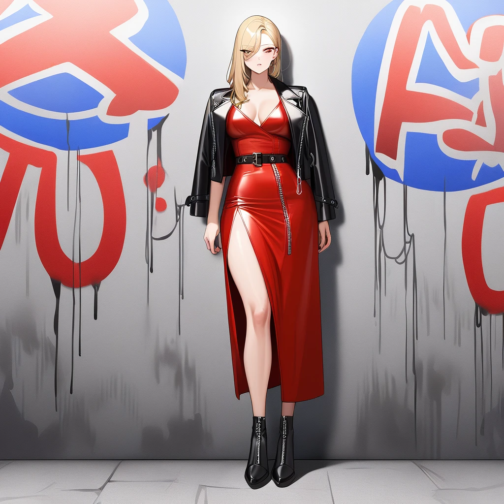 masterpiece, best quality, very aesthetic, absurdres，A woman in her late 20s with short, blonde hair, wearing a black leather jacket with silver zippers and a fitted red dress with a high slit. She is wearing black ankle boots with silver buckle details and has a confident and stylish expression. She is standing in front of a graffiti wall with a cool and edgy vibe.