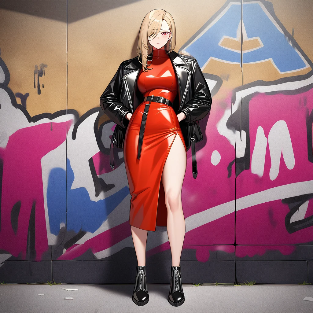 masterpiece, best quality, very aesthetic, absurdres，A woman in her late 20s with short, blonde hair, wearing a black leather jacket with silver zippers and a fitted red dress with a high slit. She is wearing black ankle boots with silver buckle details and has a confident and stylish expression. She is standing in front of a graffiti wall with a cool and edgy vibe.