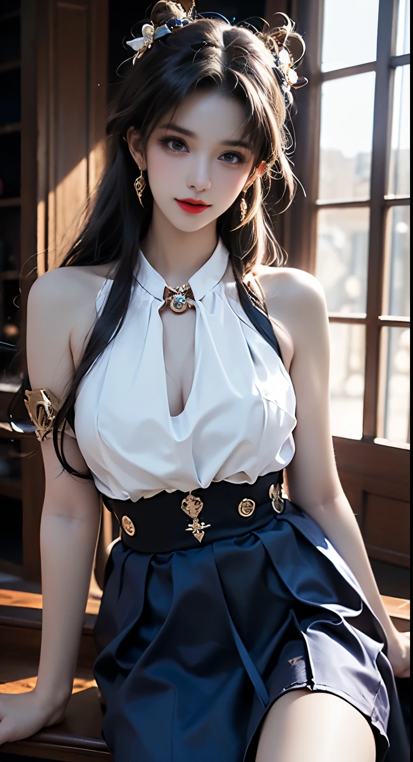 (1 girl one girl:1 girl Girl.3 girls), solo,_Kim Ji-ni Jennie face,Wear it with a royal blue bandeau underneath,open waist,blue skirt,,sex appeal,cuteness,white legwear,White wall,,FULL-bodyphoto,looks at the viewer,World-weary face,Indifferent eyes,Korean style