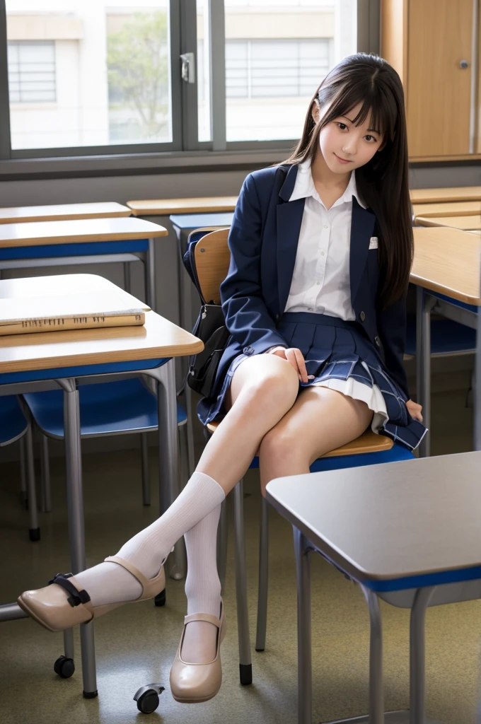 Japanese high school girl sitting on a chair and spreading her legs at school