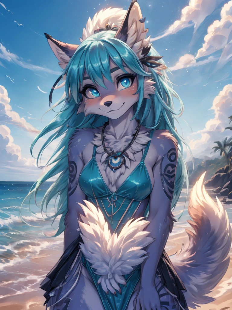 Miku Hatsune, cuerpo aqua&blanco add_detai:1, peludo, orejas de kitsune,((piersings)), arete en el ombligo, tatuajes tribal add_detail:1, ropa tribal, paisaje de playa, Eclipse, sensual swimsuit, hincada en la playa, cara sonrojada, feliz, happy girl. Blue intense eyes, most beautifull blue deep eyes, magic girl add_detail:1