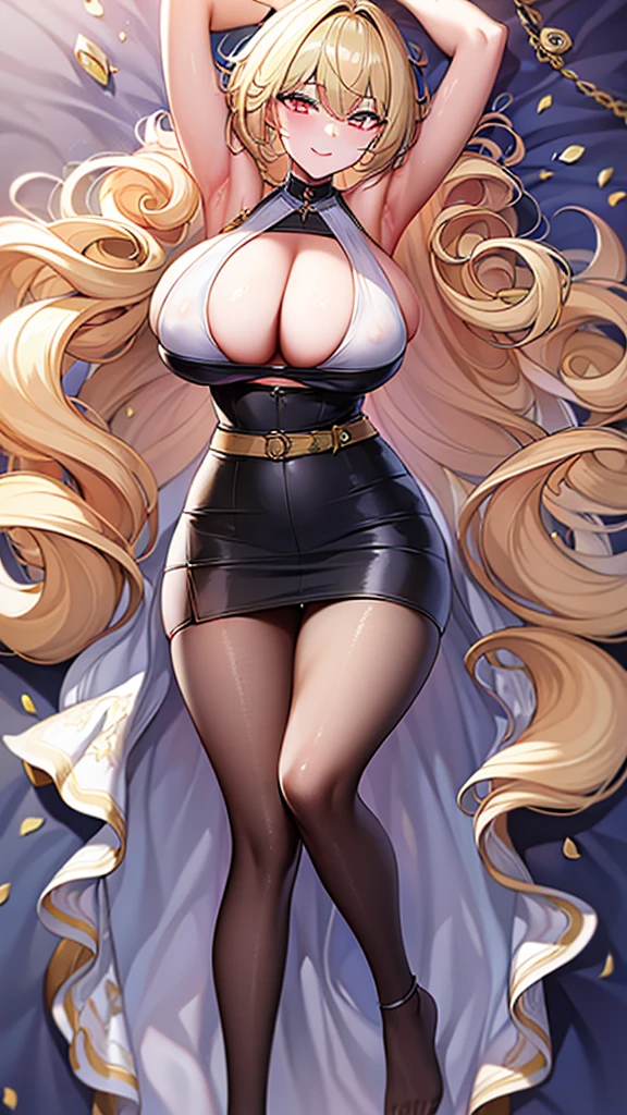 masterpiece)),((Highest quality)),High resolution,Extremely detailed CG,Perfect lighting,8k wallpaper、One Woman, alone、Very large breasts、Very large breasts、Sideboob、very thick legs、smile、Blonde Hair,Looking into the camera、Golden Eyes、short hair、Short Hair、Shiny black short pencil skirt、Sleeveless white business shirt、Wrap a belt around your waist、Show your armpits、Raise your arms、black tights、