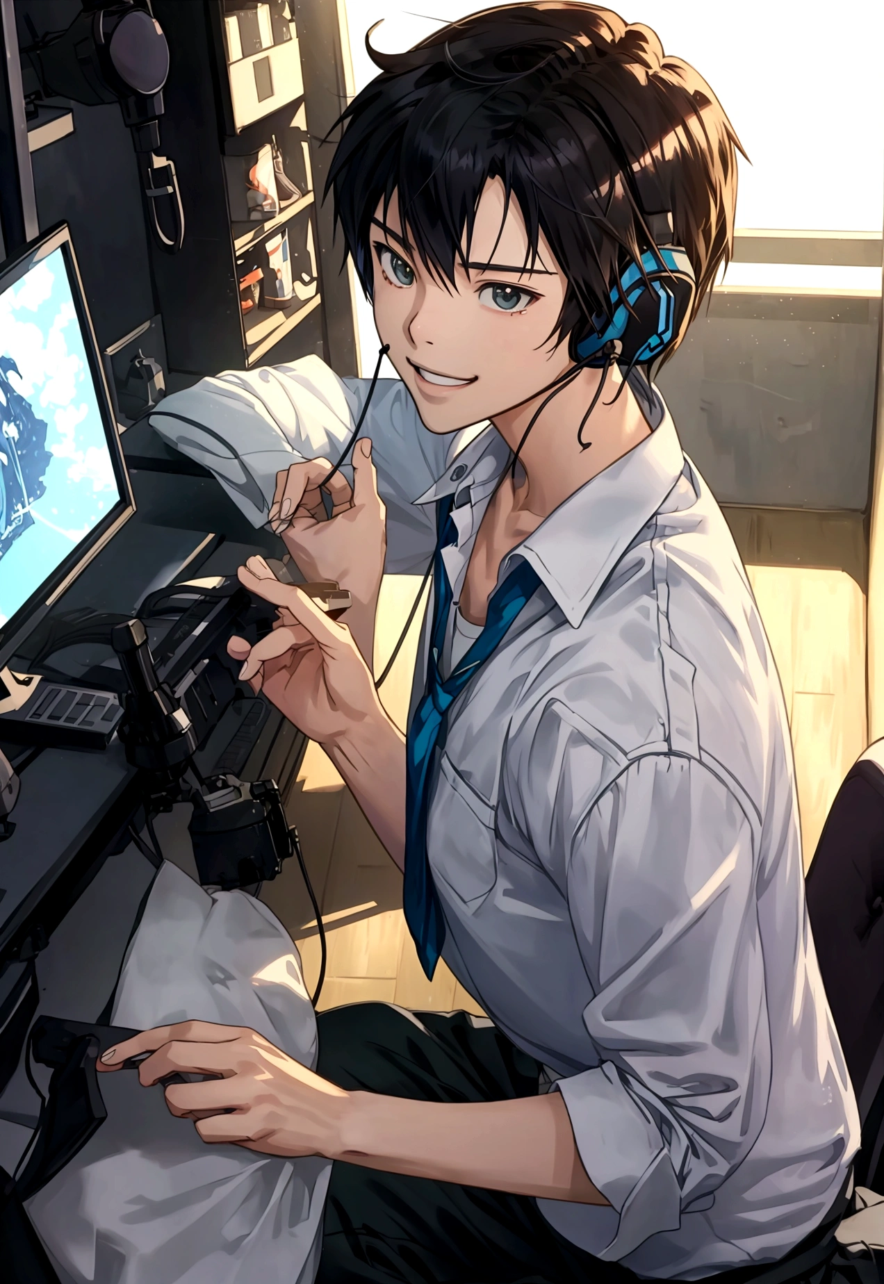 Makoto Shinkai-style student summer　Passionate with eSports headset　anime　smile

