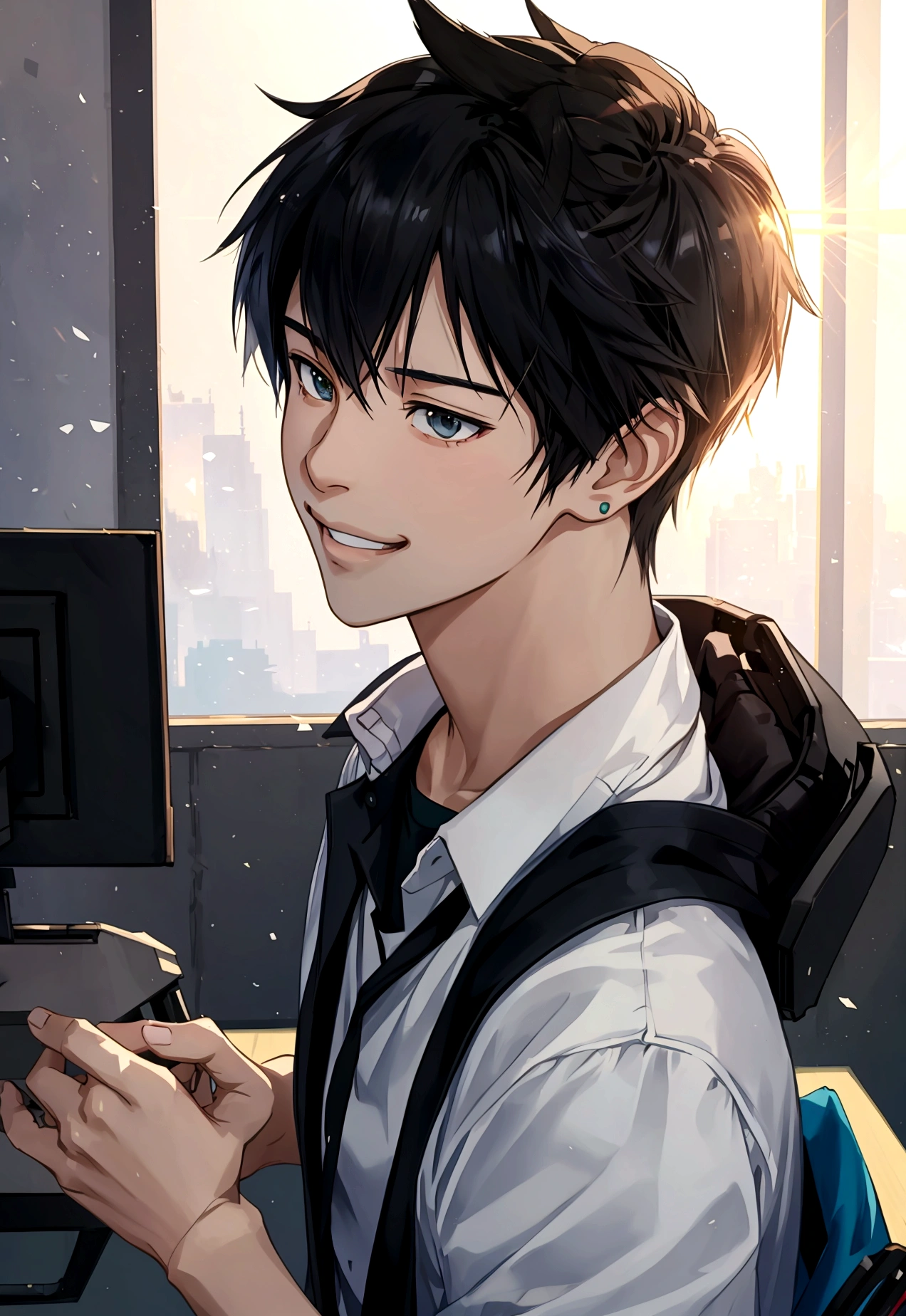 Makoto Shinkai-style student summer　Passionate with eSports headset　anime　smile
