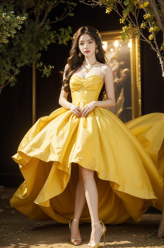 (((best quality))),(((ultra detailed))),(((masterpiece))),illustration, a stunning young girl amidst a sea of yellow roses, yellow rose petal dress,slim,thin, fair skin,shoulder length straight chestnut hair,earrings,necklace,intricate patterns, embellishments, ethereal charm, sparkling eyes, gentle smile,flat chest,small breasts, innocence and grace, yellow roses background, full bloom, fragrance of roses, enchanting presence, delicate fingers, admiration, beauty and nature blend, striking appearance, vibrant yellow color, harmonious equilibrium,lasting impression,standing,((full body,from front)),night scene,slender legs,high heels