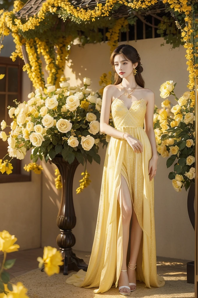 (((best quality))),(((ultra detailed))),(((masterpiece))),illustration, a stunning young girl amidst a sea of yellow roses, yellow rose petal dress,slim,thin, fair skin,shoulder length straight chestnut hair,earrings,necklace,intricate patterns, embellishments, ethereal charm, sparkling eyes, gentle smile,flat chest,small breasts, innocence and grace, yellow roses background, full bloom, fragrance of roses, enchanting presence, delicate fingers, admiration, beauty and nature blend, striking appearance, vibrant yellow color, harmonious equilibrium,lasting impression,standing,((full body,from front)),night scene,slender legs,high heels
