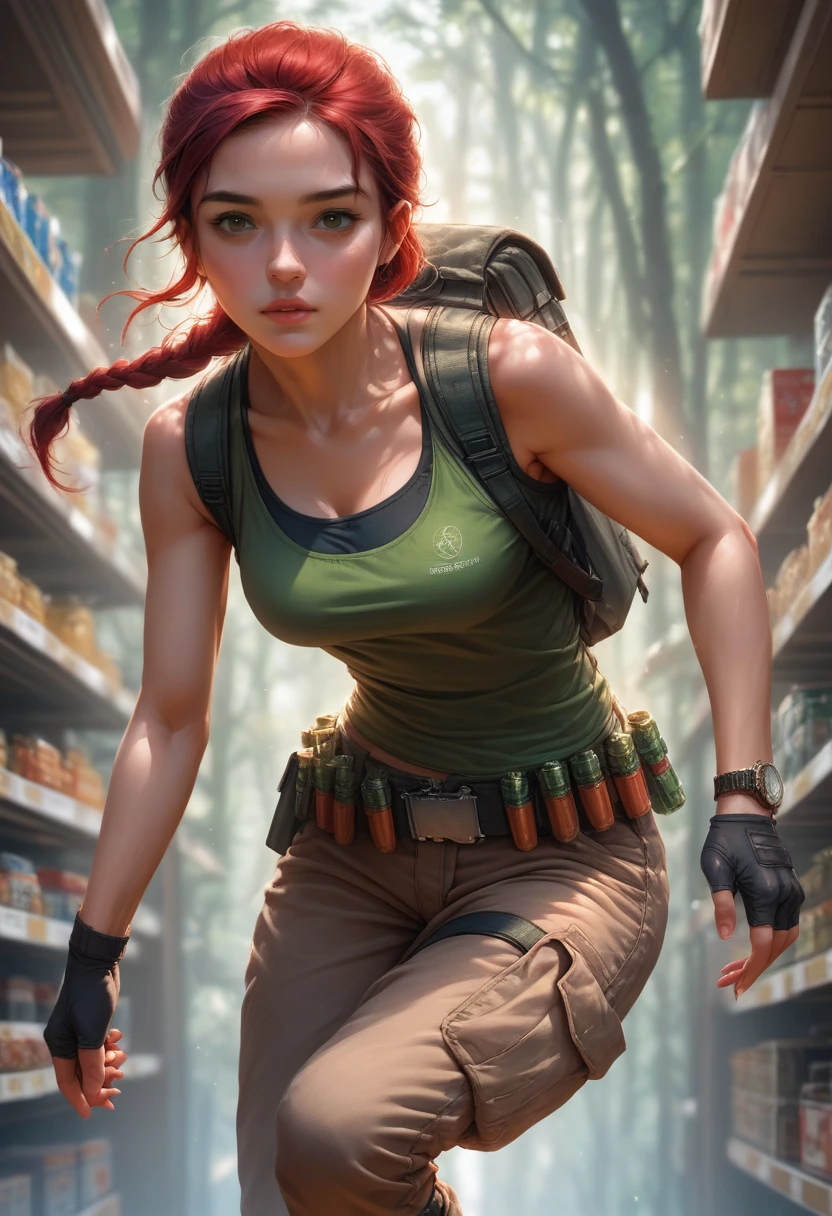 8k resolution, depth of field, lens flare, photorealistic,((best quality)), (((intricate details))), highly detailed, (((cinematic effect))), looking at viewer,A young red-haired woman usually dressed in a tank top, often olive green or black, tight-fitting and sleeveless, allowing freedom of movement. She wears shorts or cargo pants, usually khaki or dark green in color, with several pockets to store her equipment. His outfit includes a utility belt with a buckle, pistols in a holster on each side, and additional pouches for ammo and tools. She wears sturdy combat boots that provide ankle support and grip for climbing and running. Lara also wears fingerless gloves, a watch, and a backpack to carry larger items. Her hair is usually tied into a practical ponytail or braid. , emphasizing his desire for adventure in the Amazon forest,no anatomical defects, fine details, dynamic lighting, high quality.