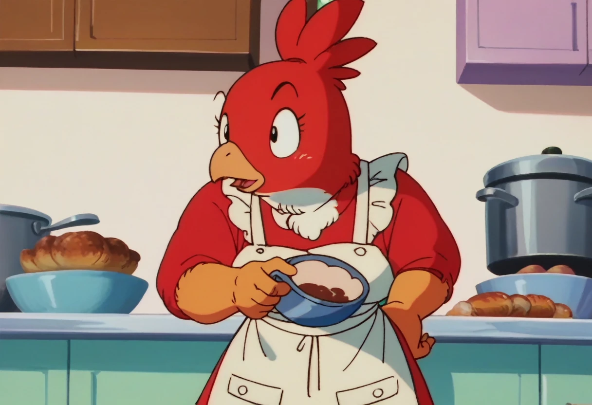 anime screencap,drgbls1, solo, anthro chicken,apron, female,score_9, score_8_up, score_7_up, score_6_up, upper body,kitchen, hen