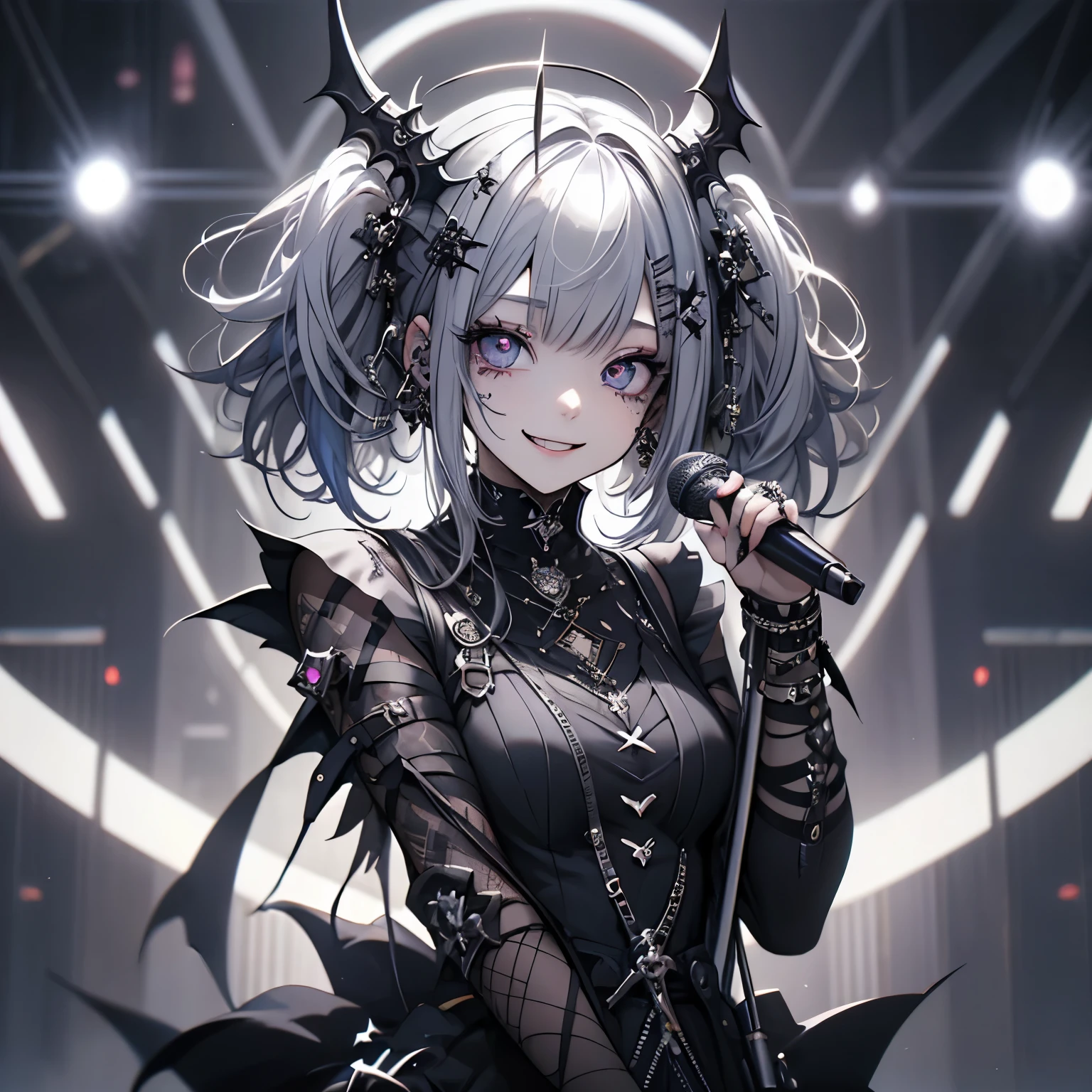 (masterpiece), Highest quality, Ultra-high resolution,Gothic、Silver Hair、Black Hair、Big smile、Bat、smile、cool、band、live、Visual Kei、Sick Makeup、(Sing with a microphone:1.3)