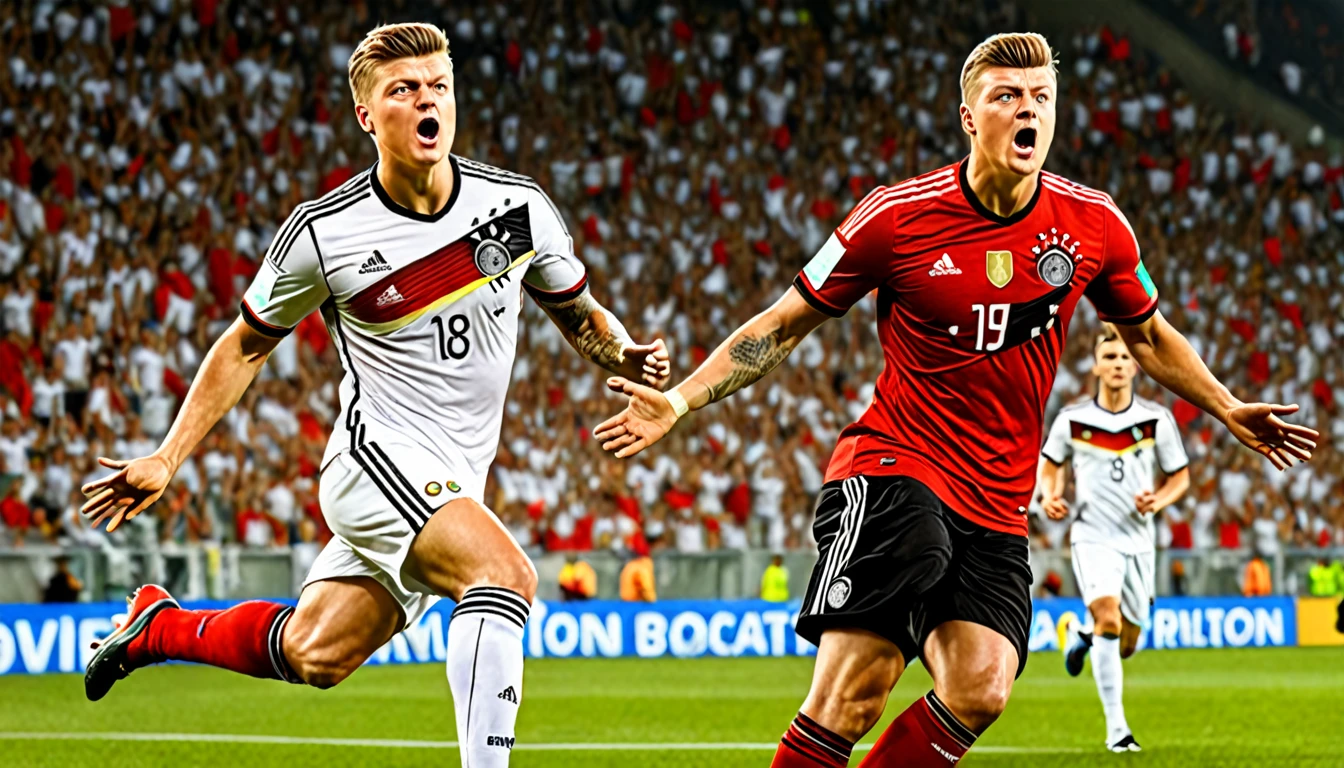 high quality, hyperdetailed, 3d, dynamic, dramatic lighting, highly detailed, photorealistic, 1 german male soccer team, soccer players, athletes, football, soccer, team, sports, sports uniforms, soccer jerseys, cleats, soccer ball, soccer field, stadium, crowds, cheering fans, flags, banners, action pose, muscular figures, sweat, motion blur, depth of field, germnan flag on jersey, (Toni Kroos)