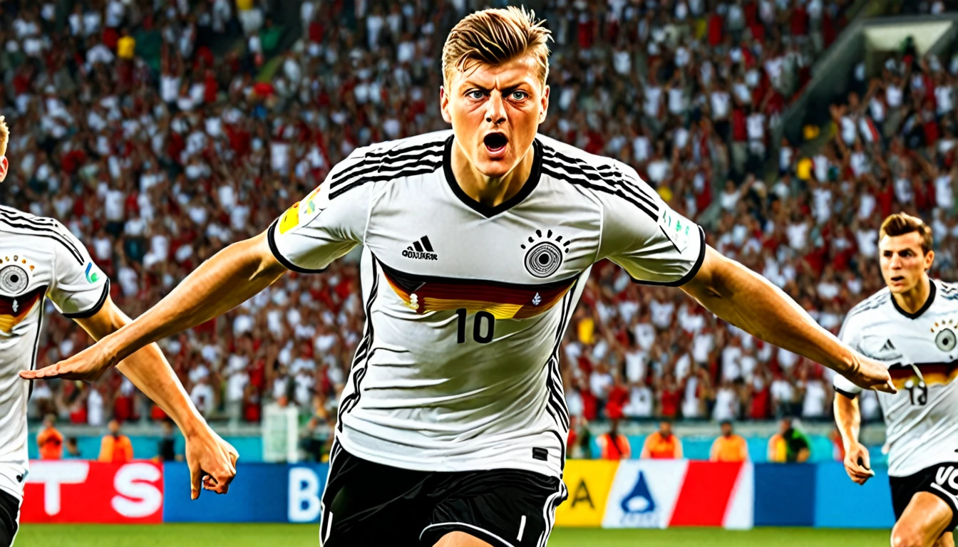high quality, hyperdetailed, 3d, dynamic, dramatic lighting, highly detailed, photorealistic, 1 german male soccer team, soccer players, athletes, football, soccer, team, sports, sports uniforms, soccer jerseys, cleats, soccer ball, soccer field, stadium, crowds, cheering fans, flags, banners, action pose, muscular figures, sweat, motion blur, depth of field, germnan flag on jersey, (Toni Kroos)