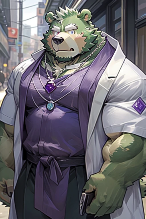 masterpiece, high quality, anime, Very fine grain,Male Jinpei,Very stern face,good looking,Humanity, bear, Strong body、great physique, Strong Arms,manly, middle ages, Walking around the city, magic city, doctor,(((green bear))), (((Green fur))), Detailed purple eyes, expensive, (Rainbow Spark), Wedding ring on left ring finger,Both hands are equipped with rugged-looking tonfas, A gentle smile, (Wearing a white coat,Under the white coat is a military uniform), (((She wears a purple gemstone pendant around her neck.))),