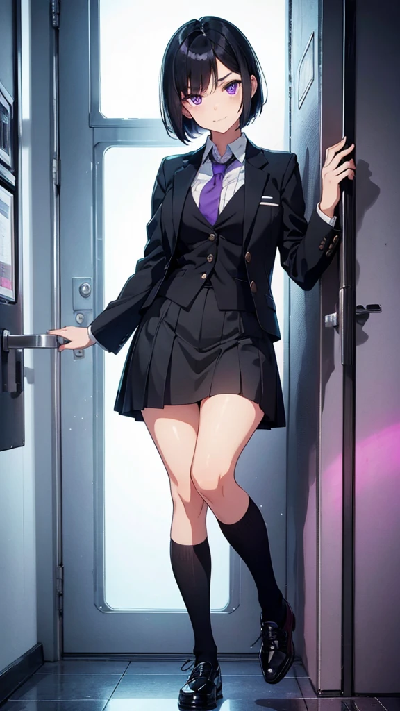 (((Spread your legs)))、Glasses、Uniform Blazer、Beautiful beauty、Long purple hair、((whole body))、(((Photo taken from below)))、school gate、Big Breasts