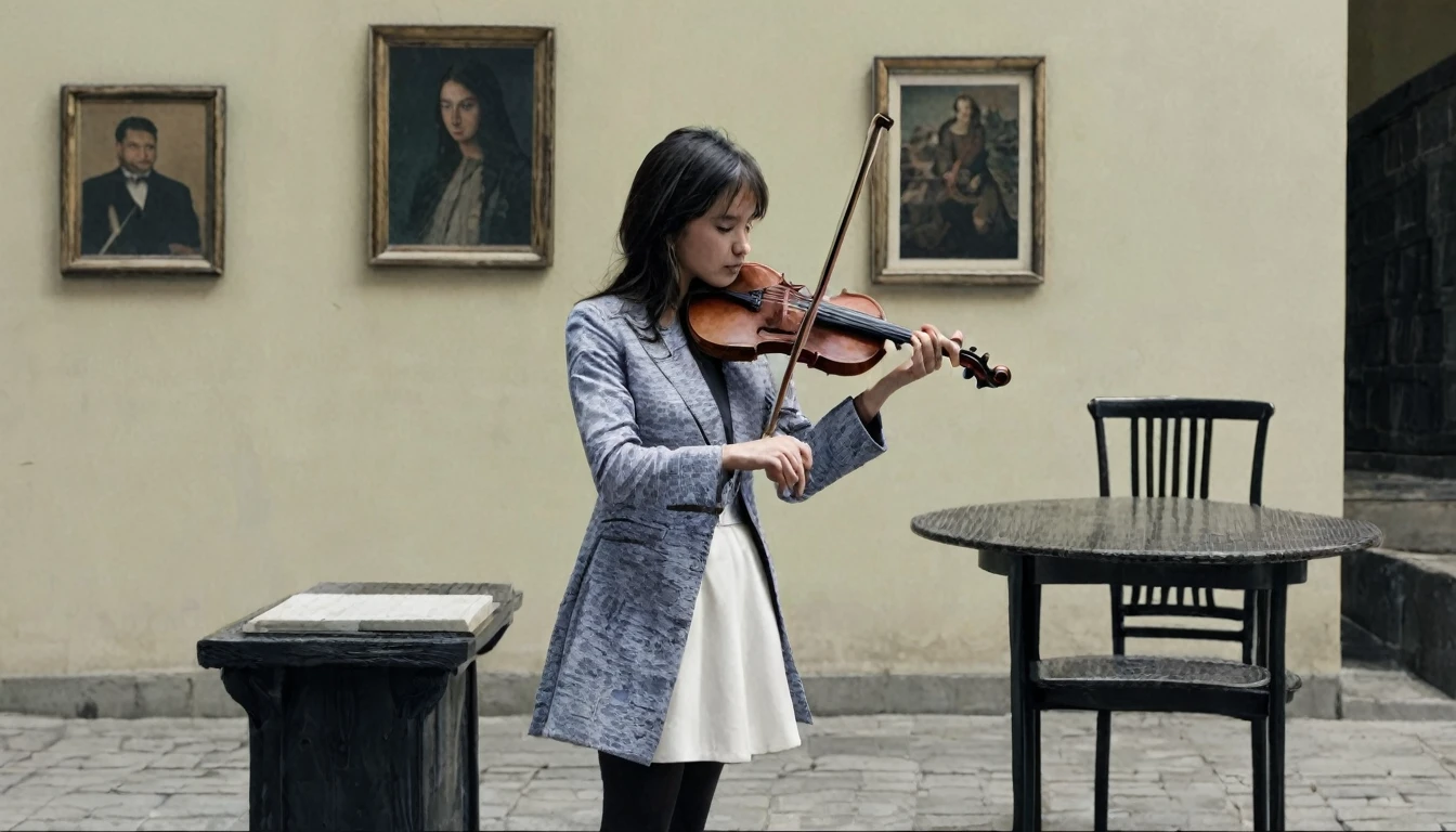 Please make a picture where a person is playing the violin with a table next to it