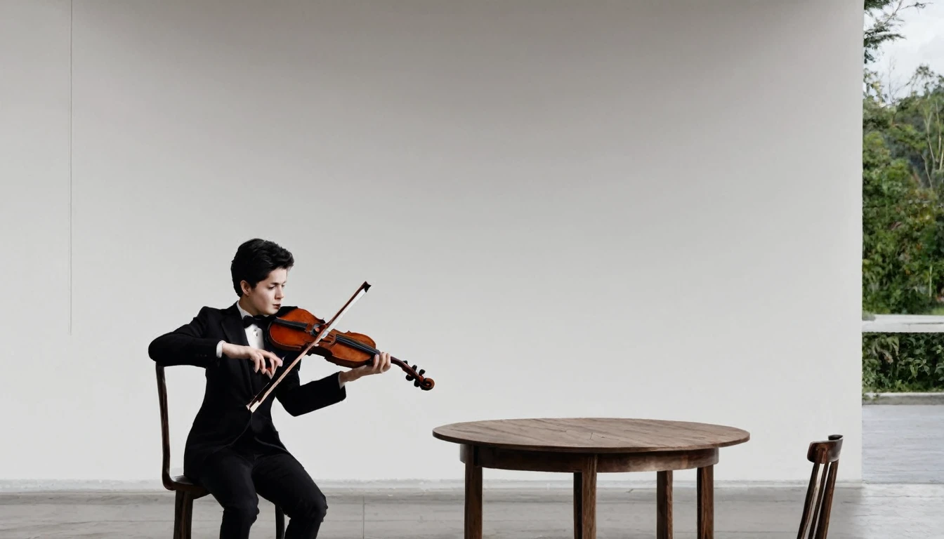 Please make a picture where a person is playing the violin with a table next to it