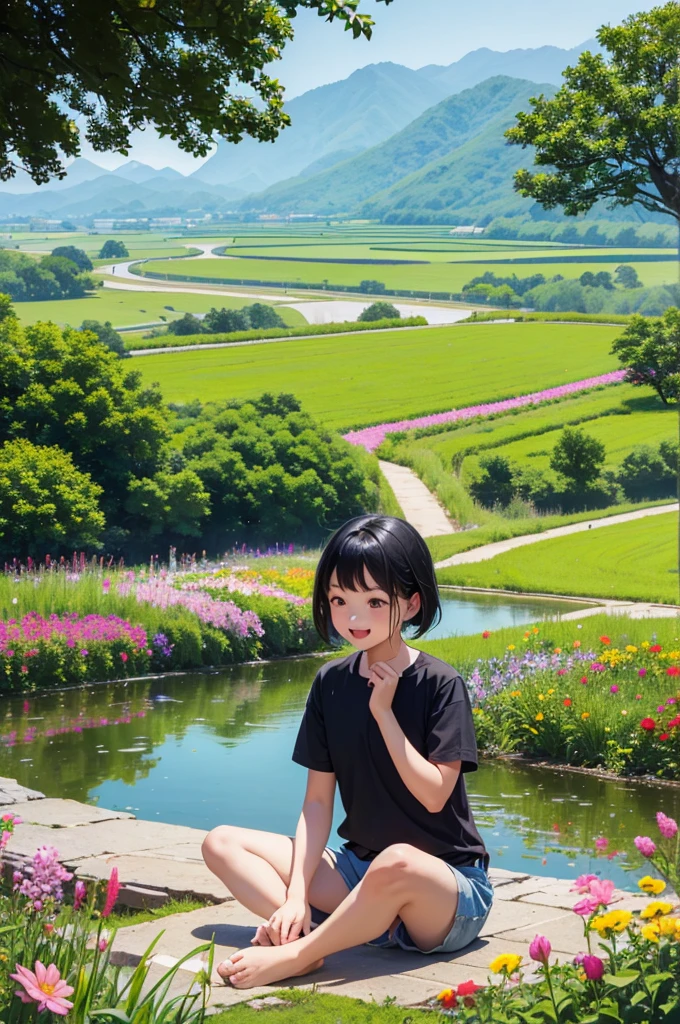 Beautiful summer scenery in Chinese countryside,3 cute and lively kids,Black hair,They are wearing short sleeves and shorts,Roll up your trouser legs,Sitting by the clear pond and laughing;Surrounded by lush greenery and a vast expanse of gorgeous flowers;They contrast beautifully with the blue sky and the hills in the distance.,It forms a peaceful and beautiful picture;In the foreground is a field of colorful flowers。