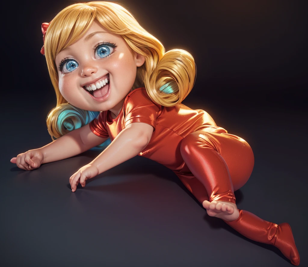 (masterpiece), (best quality), (ultra-detailed), (full body:1.2), A cartoon girl with blonde hair, blue eyes, and a red dress is lying on the ground. Super cute, Baby, Pixar, Baby in yellow blouse, turquoise top and a red skirt, sitting on the floor, Big bright eyes, Smile, Delicate and fine, Fairy tales, Incredibly high detailed, Pixar style, Bright color palette, Natural light, Simple background with pure color, Octane render, Trending on Artstation, Gorgeous, Ultra wide angle, 8k, HD, Realistic, cute  chibi anime, , smooth 3d model, glossy plastic texture, multiple light sources, rim light, sharp post effects render, most beautiful vfx, , realistic, 4k, high resolution, rim light, smooth 3d model. , glossy texture, smooth 3d model, multiple light sources, rim light, sharp post effects render, (glossy plastic texture with multiple big light probe refractions), perfect cgi, reflective, best quality, 4k, masterpiece:1.2, ultra-detailed, realistic, vivid colors, The image of the highest quality, ensuring every detail showcased perfectly. It in 4k resolution, allowing viewers to immerse themselves in the richness of the colors and intricate details. The realistic rendering. under the spotlight, reflecting, high-resolution image, realistic rendering