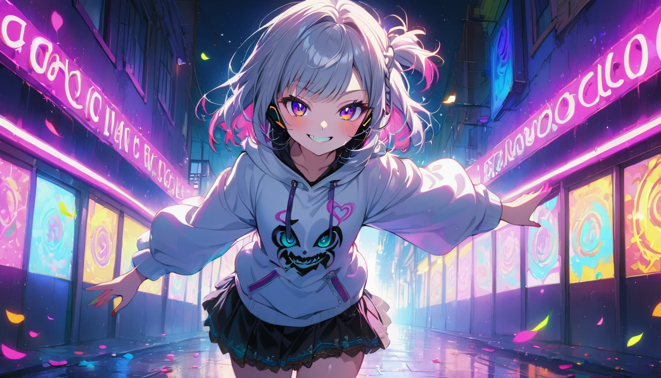 ((Masterpiece)), ((best quality)), (Anime:1.3), (super detail:1.2), (High Definition:1.3), (Professional Photography:1.3), (()), cute young Girl, Glossy unruly hair, (loose swept bangs), (silver ash hair), medium hair, big eyes, (Eye bags:1.3), (Long eyelashes), colorful eyes, (evil smile and blush), Glossy lips, (jagged teeth), farewell, (white hoodie with oversized), mini skirt, barearms, cute, (colorful:1.3), gothic makeup, (wearing headphone), dancing, neon-lit, pretty, Celtic, maniac, gazing skyward, colorful petals dance around, at street,