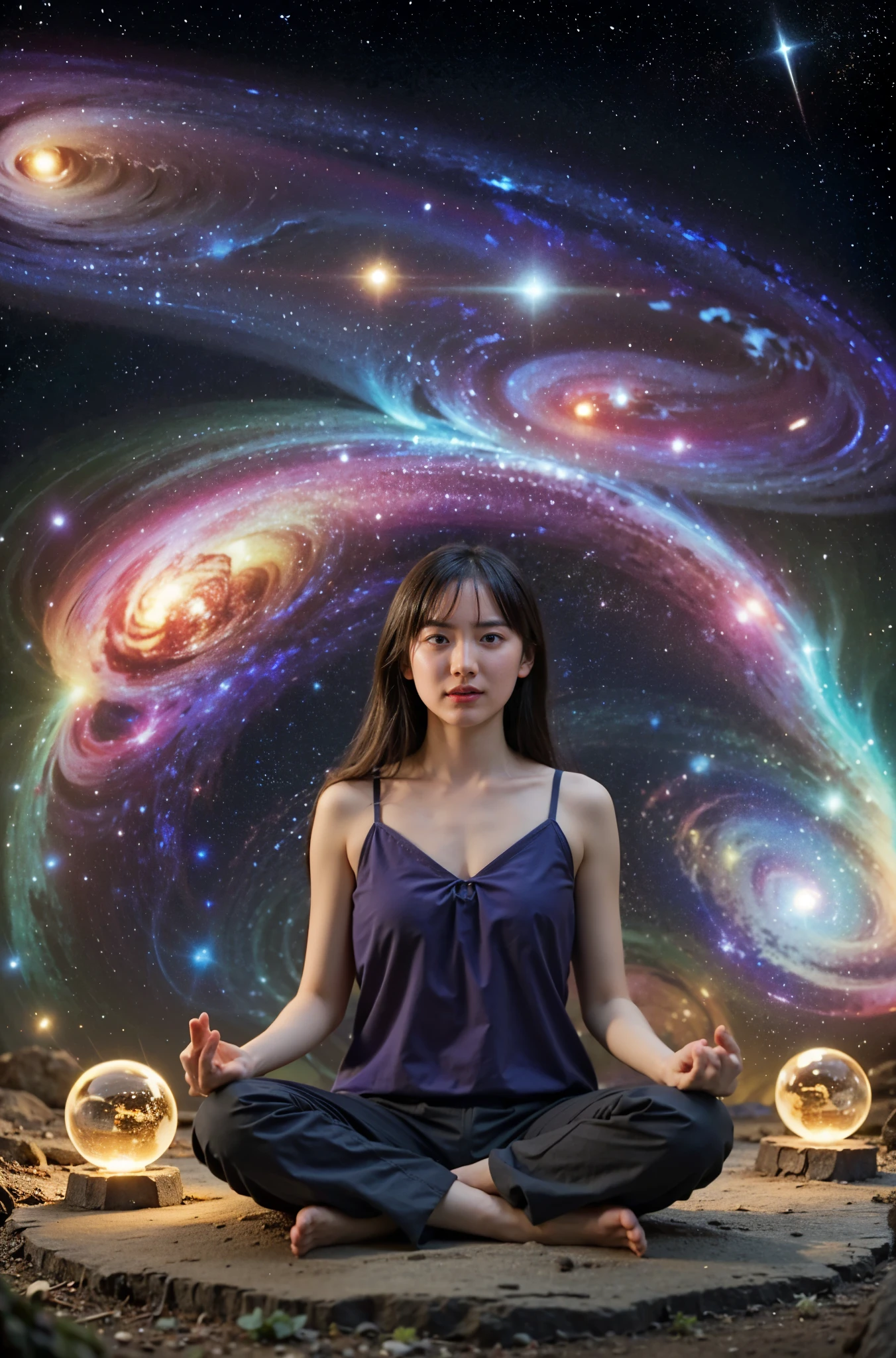 Masterpiece, Top Quality, Illustration, Super Detailed, Finely Detailed, High Resolution, 8K Wallpaper, Perfect Dynamic Composition, Beautiful Detailed Eyes, Inside the Galaxy, Floating in Outer Space, Lolita, Chinese Clothes, ( Black hair 1.2), (huge breasts: 1.1), cleavage, nice pose, sneers, outer space, 18 year old girl, nice, (cute: 1.3), (beautiful: 1.5), sexy looking at camera shot, sideways glance, glare, moody, downer, cool, boyish, looking sleepy, smile, portrait, gothic makeup,