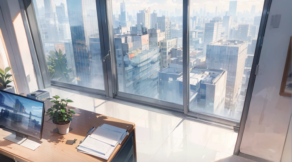 （best quality，masterpiece：1.2，detailed details，4k），((best quality)), ((masterpiece)), (detailed), office, potted plants, computers and documents on the desk,, floor-to-ceiling windows, the street view in the distance outside the window, the scene from the top down,