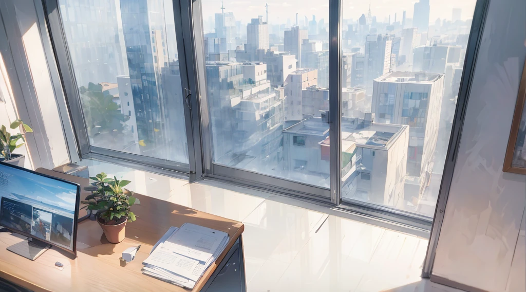 (best quality,masterpiece:1.2,detailed details,4k),((best quality)), ((masterpiece)), (detailed), office, potted plants, computers and documents on the desk,, floor-to-ceiling windows, the street view in the distance outside the window, the scene from the top down,