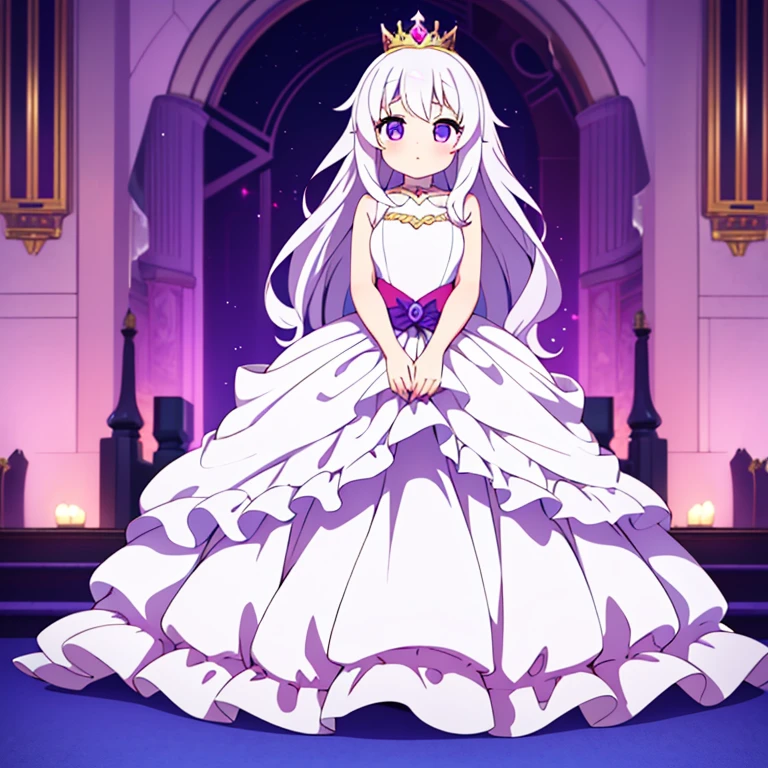 long hair, (Full body) , girl , female . Full body, beautiful eyes , 1 girl , full body , cute girl , anime style , princess , (ball gown) , cute eyes , princess gown, sleeveless gown, cute eyes , (queen) , hidden legs , white hair , purple eyes ,