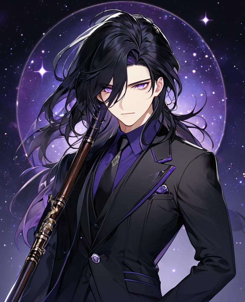 (black_hair), (long_male_hair), (deep_purple_eyes), (detailed_eyes), (attractive), (emotionless), (Deep_space_background), (male), (wearing _a_black_suit), (long_male_hair), (detailed_Hair), (detailed), (detailed_mouth), (mysterious), (complicated), (uses_cane)