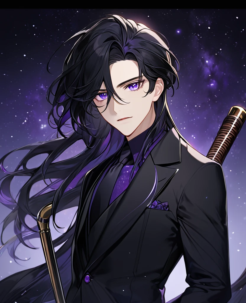 (black_hair), (long_male_hair), (deep_purple_eyes), (detailed_eyes), (attractive), (emotionless), (Deep_space_background), (male), (wearing _a_black_suit), (long_male_hair), (detailed_Hair), (detailed), (detailed_mouth), (mysterious), (complicated), (uses_cane) 