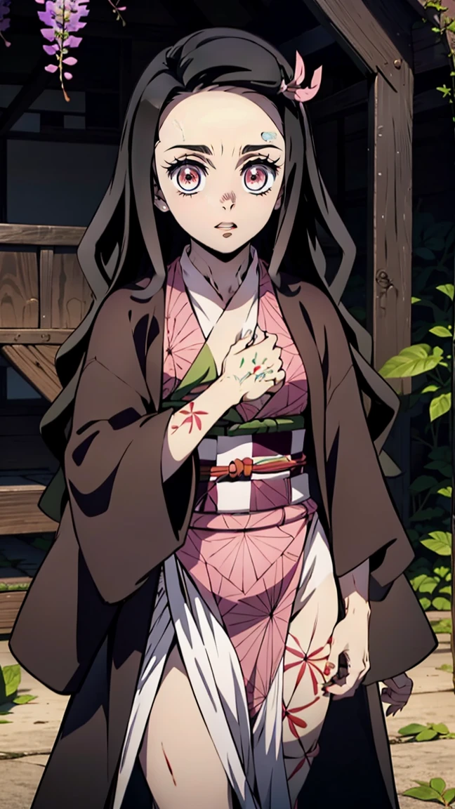 woman, adult girl,smile, demon girl, charming smile, Focus on the eyes, tears of joy, stupidly, night, grin, demonic smile, angry, beautiful, Blinding smile, very sweet, Kimano, girl, top quality изображения、character design of Nezuko from Demon Slayer, chedevr, (pink kimono), seductive face, kamado stupidly、Demon kamado stupidly、ancient japan, charm of kamado stupidly, leaf tattoos, tattoos pierce the whole body, sexual、open crotch、finely detail, chedevr, shining eyes, 1girl in, Dark-haired, , kamado stupidly, wisteria background, chedevr, top quality,