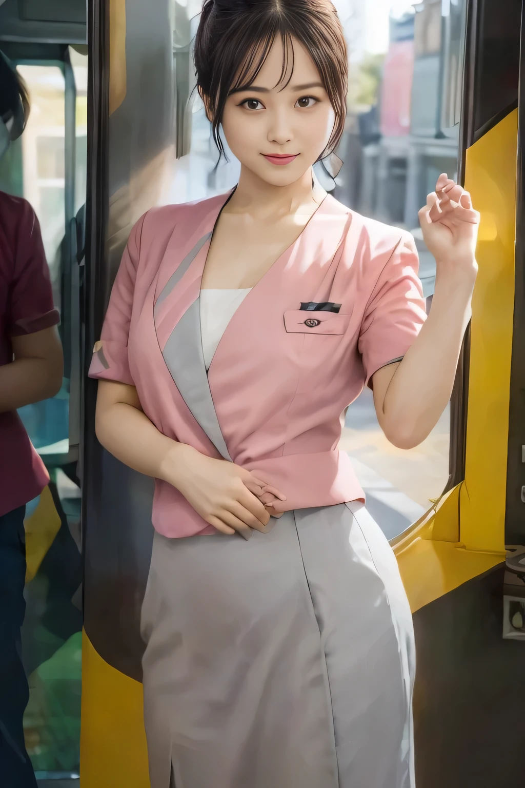 (masterpiece:1.2, Highest quality:1.2), 32k HDR, High resolution, (alone、1 girl)、 (Height: 160cm)、(On the rooftop of a building in the daytime、Professional Lighting)、Building rooftop background、(Nankai train crew uniform pinkを着たリアルスタイル)、(Nankai train crew uniform pink short sleeve collarless pink jacket、Nankai Train Crew Uniform Pink Collarless Short Sleeve Blouse、Nankai Train Crew Uniform Pink Grey Knee-length Culottes)、(The pink jacket is showing from the culottes.)、Dark brown hair、(Hair tied up、Hair tied up、Evening curly hairstyle)、Dark brown hair、Long Shot、Big Breasts、Thin legs、((Great hands:2.0)),((Harmonious body proportions:1.5)),((Normal limbs:2.0)),((Normal finger:2.0)),((Delicate eyes:2.0)),((Normal eyes:2.0)))、smile、(Nankai Train Crew Uniform Pink Grey Knee-length Culottesを見せた美しい歩く姿)、Place your hands around your stomach、Lanyard employee ID card