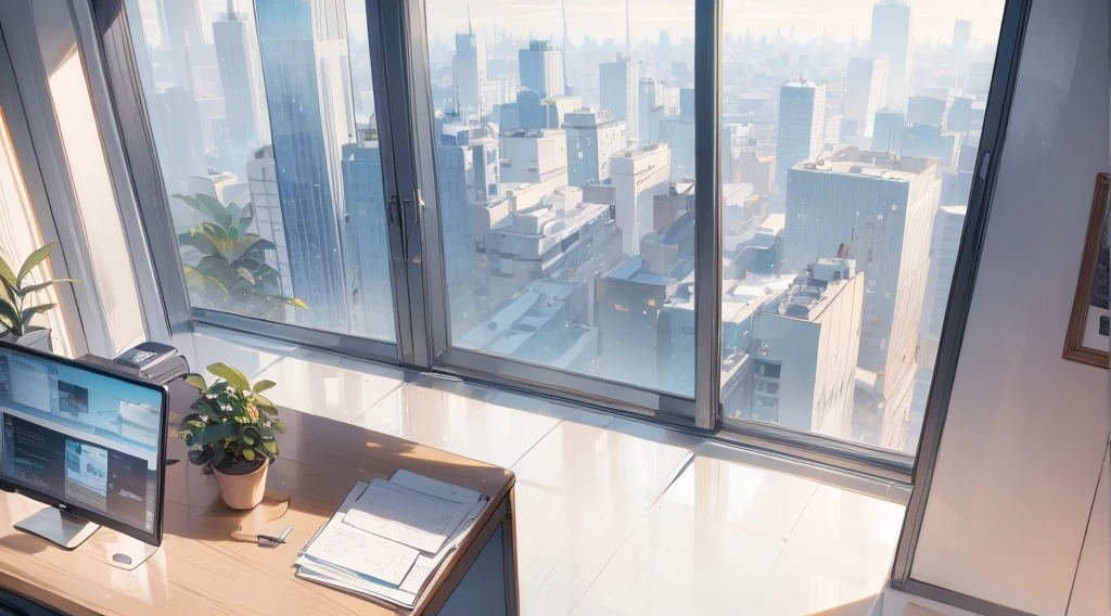 (best quality,masterpiece:1.2,detailed details,4k),((best quality)), ((masterpiece)), (detailed), office, potted plants, computers and documents on the desk,, floor-to-ceiling windows, the street view in the distance outside the window, the scene from the top down,