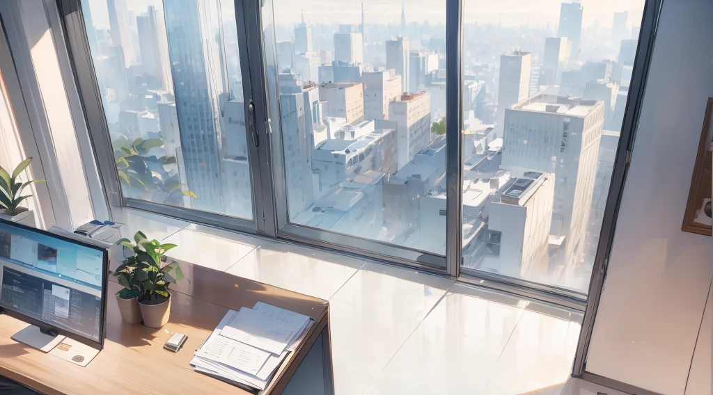 (best quality,masterpiece:1.2,detailed details,4k),((best quality)), ((masterpiece)), (detailed), office, potted plants, computers and documents on the desk,, floor-to-ceiling windows, the street view in the distance outside the window, the scene from the top down,
