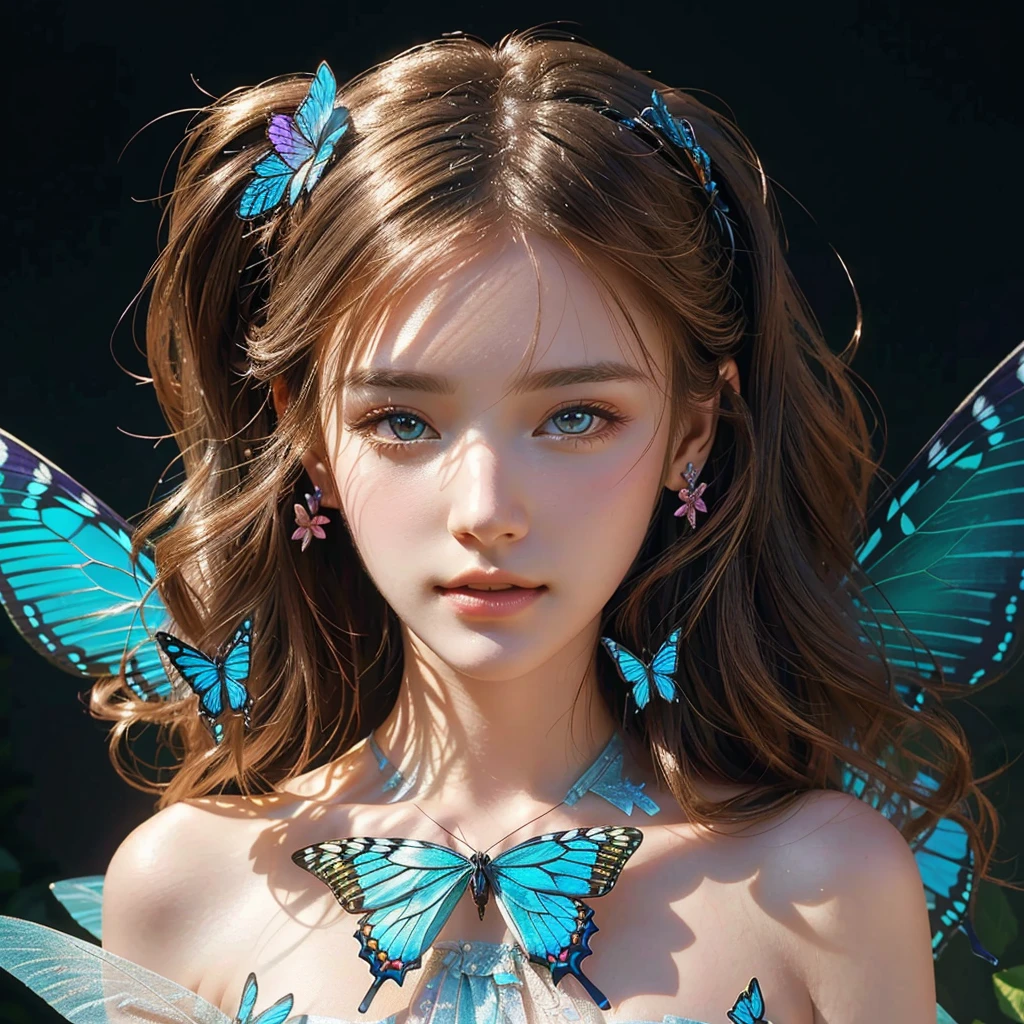 wearing butterfly decoration, butterfly decor, butterfly earring, butterfly hairband, beautiful fairy, beautiful fairy portrait, fantasy concept,pretty girl face,photo realism, cinematic rendering, ray tracing, highest quality, highest detail, Cinematic,8K, Ultra-HD, Natural Lighting,