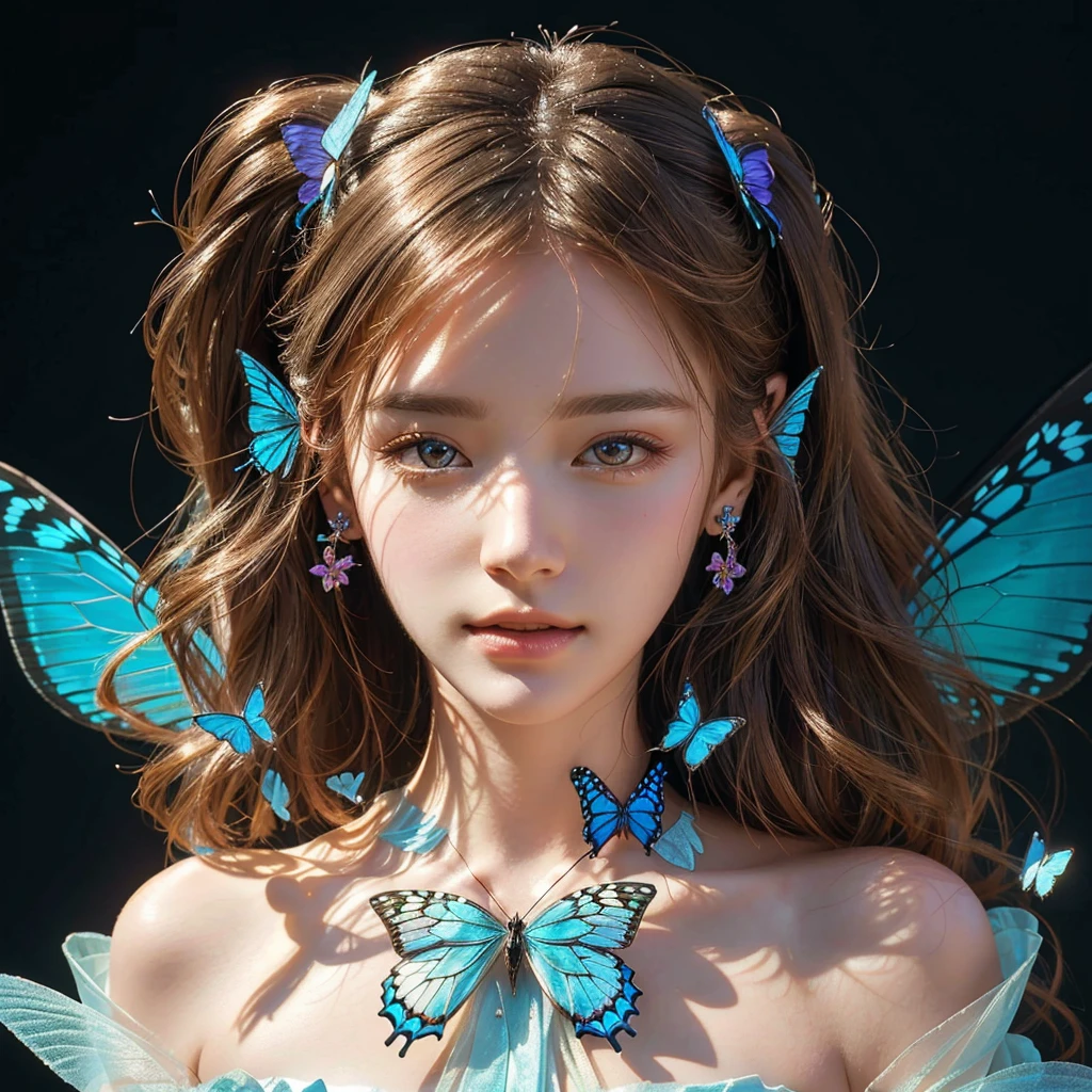 wearing butterfly decoration, butterfly decor, butterfly earring, butterfly hairband, beautiful fairy, beautiful fairy portrait, fantasy concept,pretty girl face,photo realism, cinematic rendering, ray tracing, highest quality, highest detail, Cinematic,8K, Ultra-HD, Natural Lighting,
