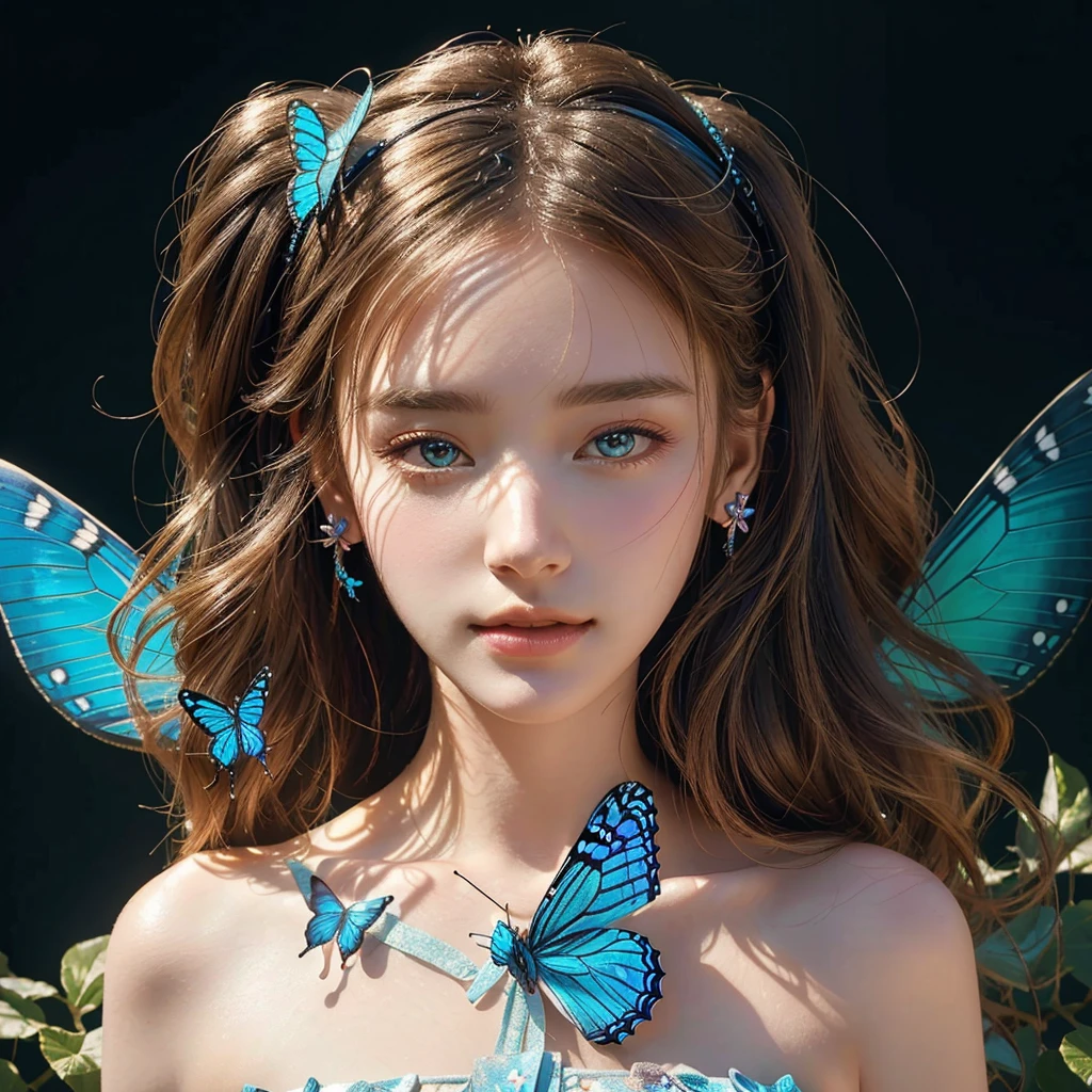 wearing butterfly decoration, butterfly decor, butterfly earring, butterfly hairband, beautiful fairy, beautiful fairy portrait, fantasy concept,pretty girl face,photo realism, cinematic rendering, ray tracing, highest quality, highest detail, Cinematic,8K, Ultra-HD, Natural Lighting,