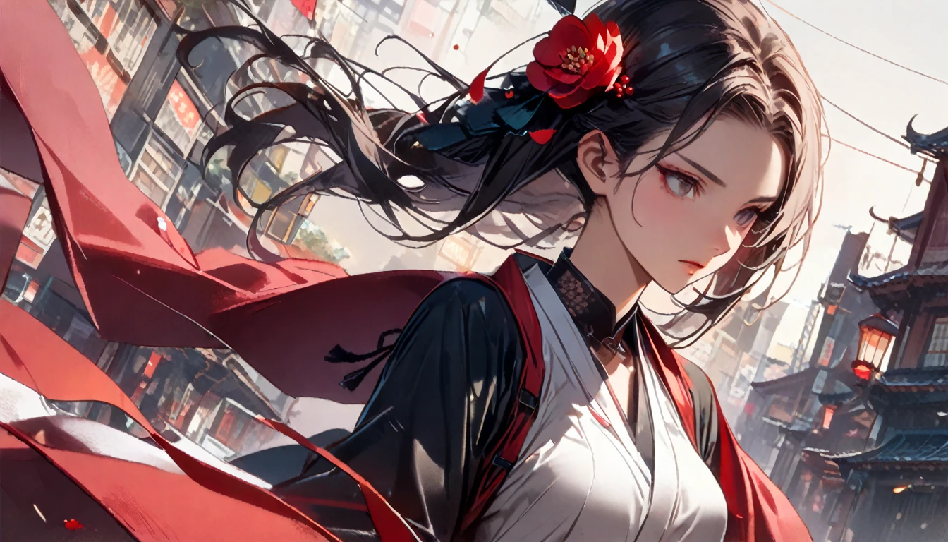Highest quality, Katsushika Hokusai, Ink Painting, (((longhair))), (((A pale red kimono unbuttoned))), (((Big red ribbon on head))), Red spider lily, beautiful girl, Black Hair, Delicate and precise, Modern ukiyo-e style