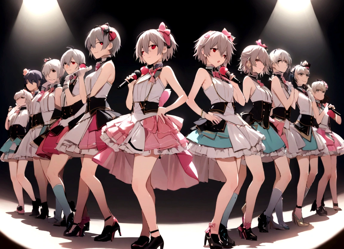 masterpiece, best quality, evangelion kaworu nagisa, kaworu nagisa, 1boy, red eyes, seductive, hot, cute, idol, cute idol clothes, alot of accessories, idol group member, (center, in middle, spotlight only middle), on stage, the prettiest member, multiple members, other ugly members