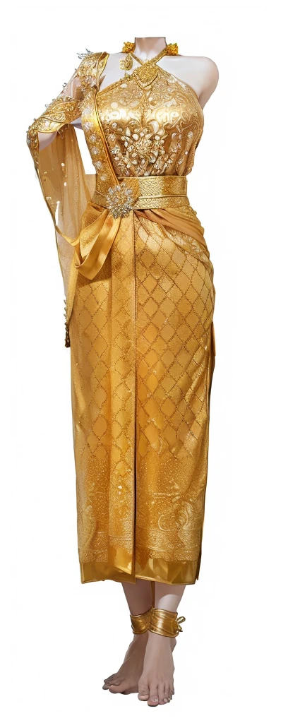 a woman in a gold dress with a gold sash, sukhothai costume, draped in silky gold, sarong, idian dress, sari, robe. extremely high details, female looking, intricate silk clothing, in style of thawan duchanee, inspired by Antonín Chittussi, draped in gold, 1 8 8 0 s, gold clothes