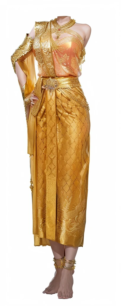 a woman in a gold dress with a gold sash, sukhothai costume, draped in silky gold, sarong, idian dress, sari, robe. extremely high details, female looking, intricate silk clothing, in style of thawan duchanee, inspired by Antonín Chittussi, draped in gold, 1 8 8 0 s, gold clothes