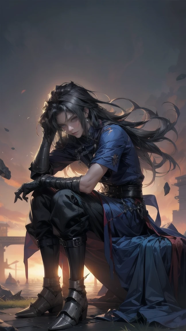 (pressurdos, High resolutions, ultra detailed, HDR), masterpiece, Best quality, last fantasy VII, Vincent Valentine, only 1 person, Beautiful, wide, black hair, Bright red eyes, Beautiful eyes and a detailed face, armor, ((Intricate weapons)), Sitting on the throne, legs open, fake smile, irritating. last fantasy, press, Cool pose, Anime boy on the bed, putting your hands on your head, beautiful anime pose, Anime hombre Beautiful, anime male character, Cool anime 8K, Detailed art of anime characters, HDR Anime McManus Anime Concept, Anime boy, Ikuto Yamashita, CG anime soft art, manga wallpaper 4k, inspired by Yamagata Hiro, Anime wallpaper